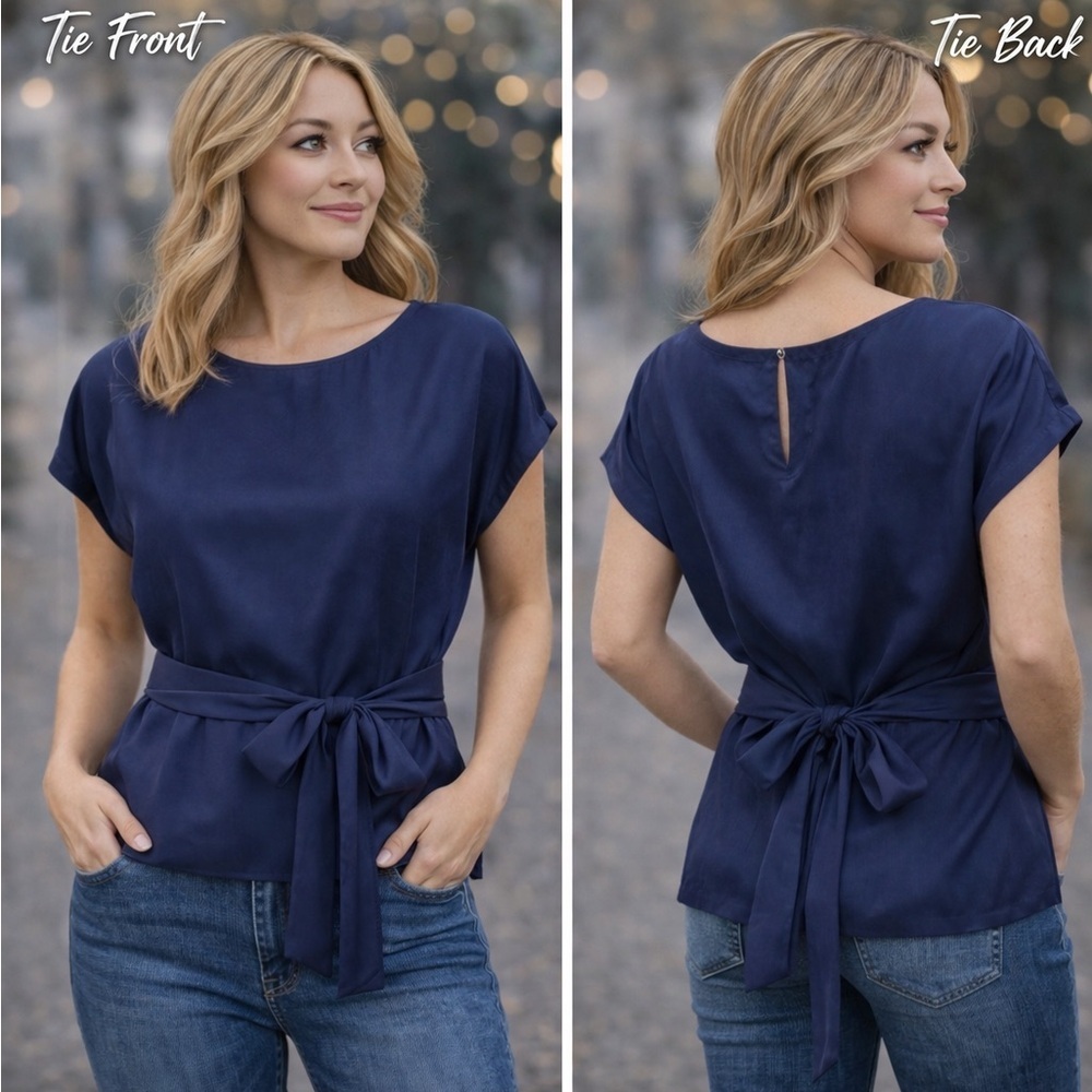 Lost April Navy Satin Tie Blouse S Anthropologie Style Silky Top